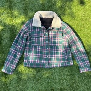 Green plaid fleece jacket with Sherpa collar